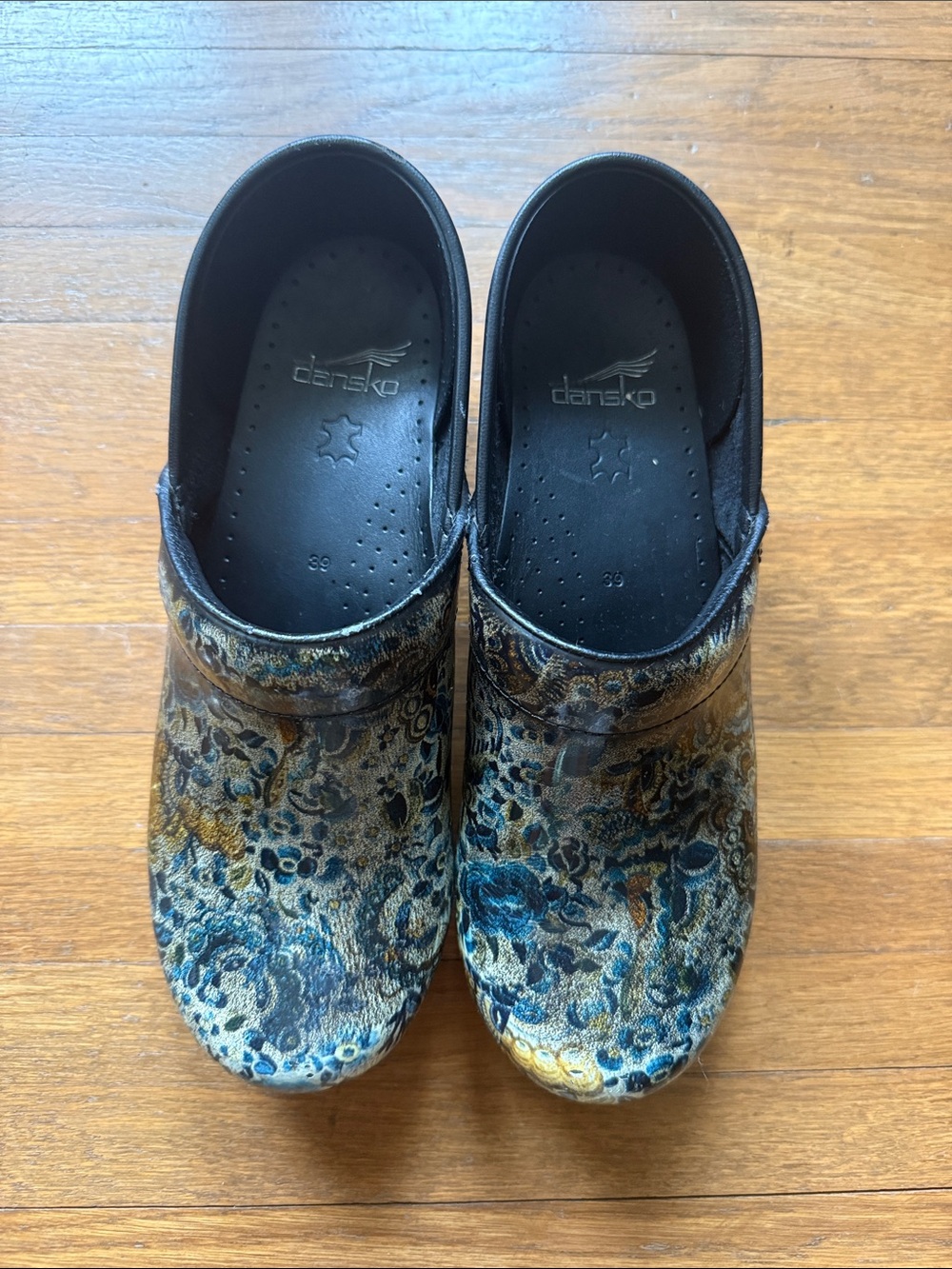 Dansko Floral Clogs in Blue and Gold